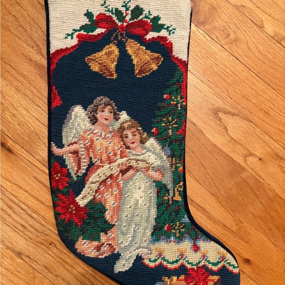 Angel Christmas Stocking with Bells
Needlepoint with with navy velvet backing